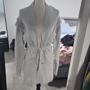 White House Black Market Light Gray Fringe Cardigan